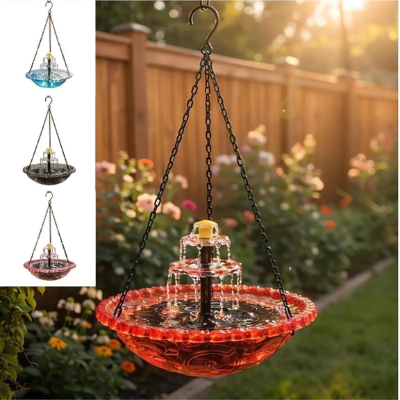 2026 Solar Cascade Hanging Bird Bath Fountain - 3 Layers Outdoor Water Feature for Hummingbirds, Easy-Clean 9.3" Glass Basin with Solar Powered Pump, Attract Wild Birds to Garden, Patio (Orange)