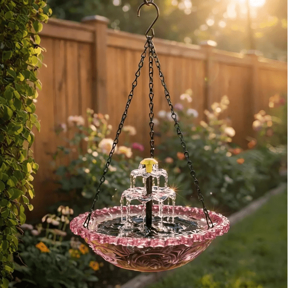 2026 Solar Cascade Hanging Bird Bath Fountain 9.25", Outdoor Solar Water Fountain with Multi Tier Waterfall Design, Decorative Hanging Bird Feeder Bath for Yard, Outdoor Garden Decor Pink