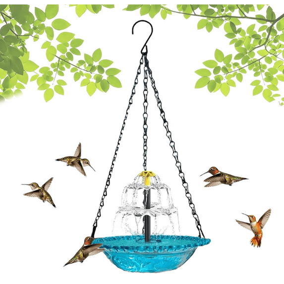 2026 Solar Cascade Hanging Bird Bath Fountain 9.25", Outdoor Solar Water Fountain with Multi Tier Waterfall Design, Decorative Hanging Bird Feeder Bath for Yard, Outdoor Garden Decor Blue