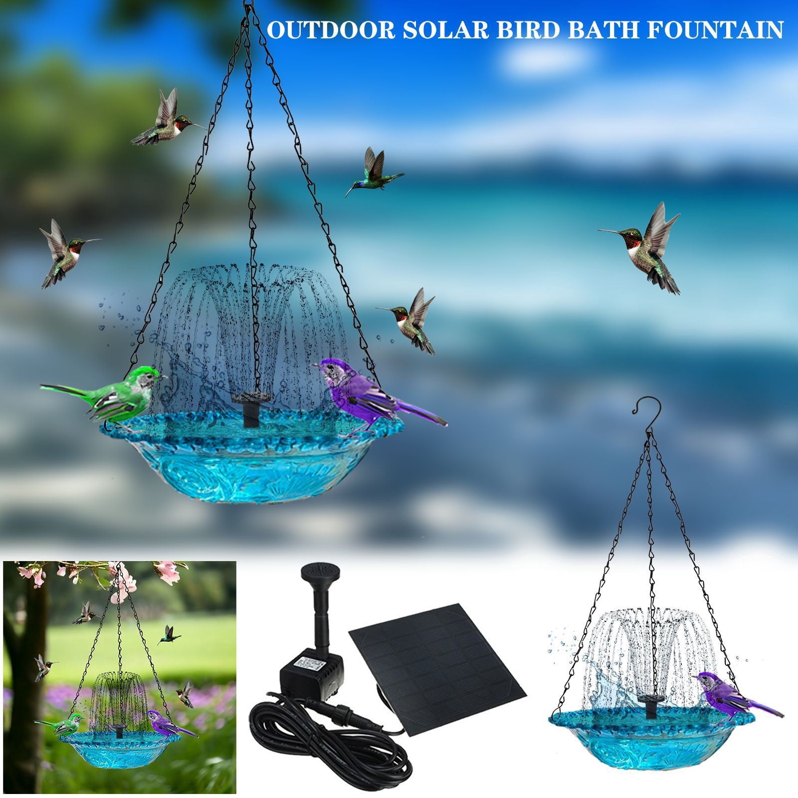 2026 Solar Cascade Hanging Bird Bath Fountain, Solar Hanging Bird Bath Bird Bath for Outdoors, Outdoors Decor Bath Shower Bowl Kit Garden Gift Yard Patio Backyard Decoration