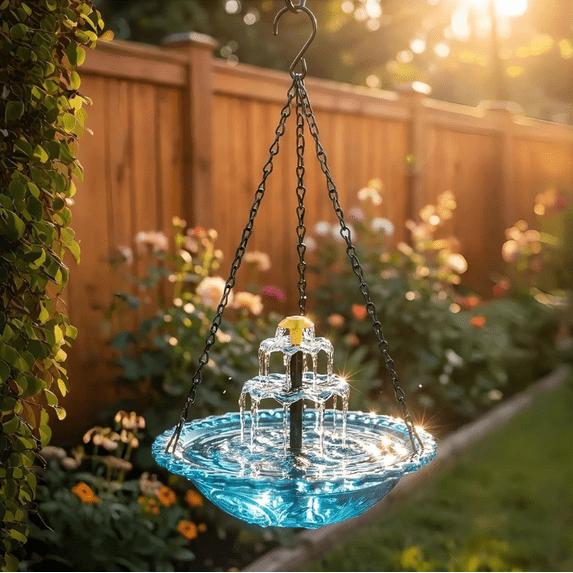 2026 Solar Cascade Hanging Bird Bath Fountain Solar Powered Birdbath Water Fountain Pumps Dispenser Outdoors Decor Hummingbird Bath Shower Bowl Kit Garden Gift Yard Patio Backyard Decoration Blue