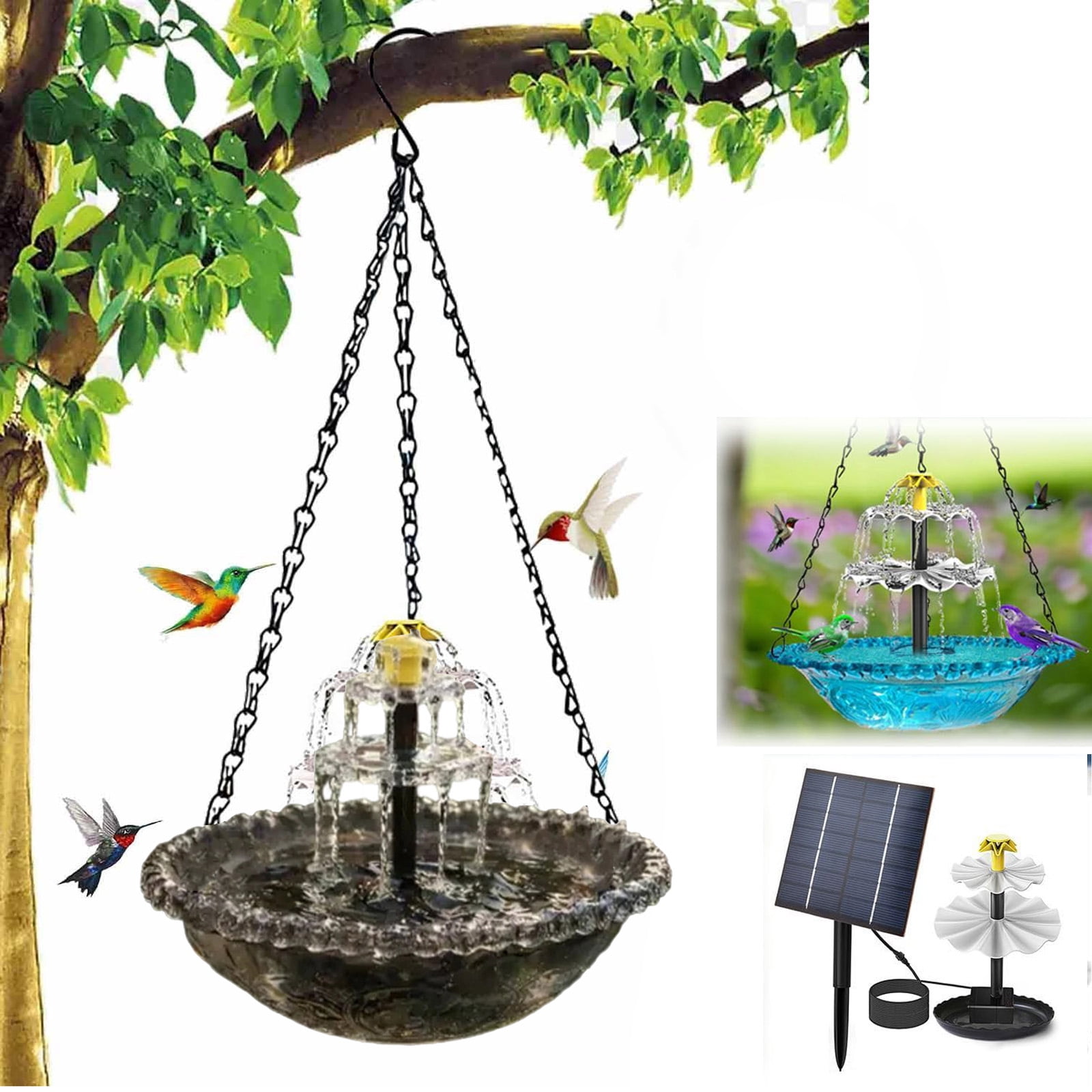 2026 Solar Cascading Waterfall Bird Bath - Hanging 3-Tier Outdoor Fountain with 19" Glass Basin, Weatherproof Design, Great for Hummingbirds in Garden & Porch (Gray)