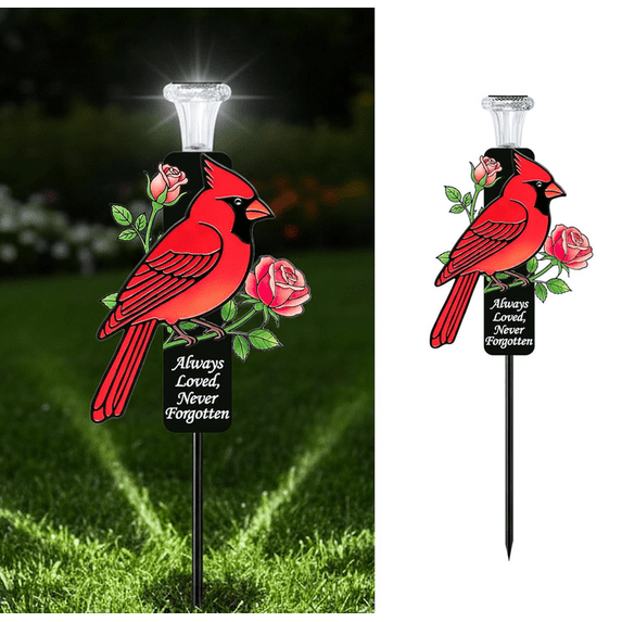 2026 Solar Red Cardinal Memorial Stakes for Graves - Metal Cemetery Decorations with LED Light, Sympathy Gift for Loss of Mother Mom Grandma, Garden Grave Markers 2pcs