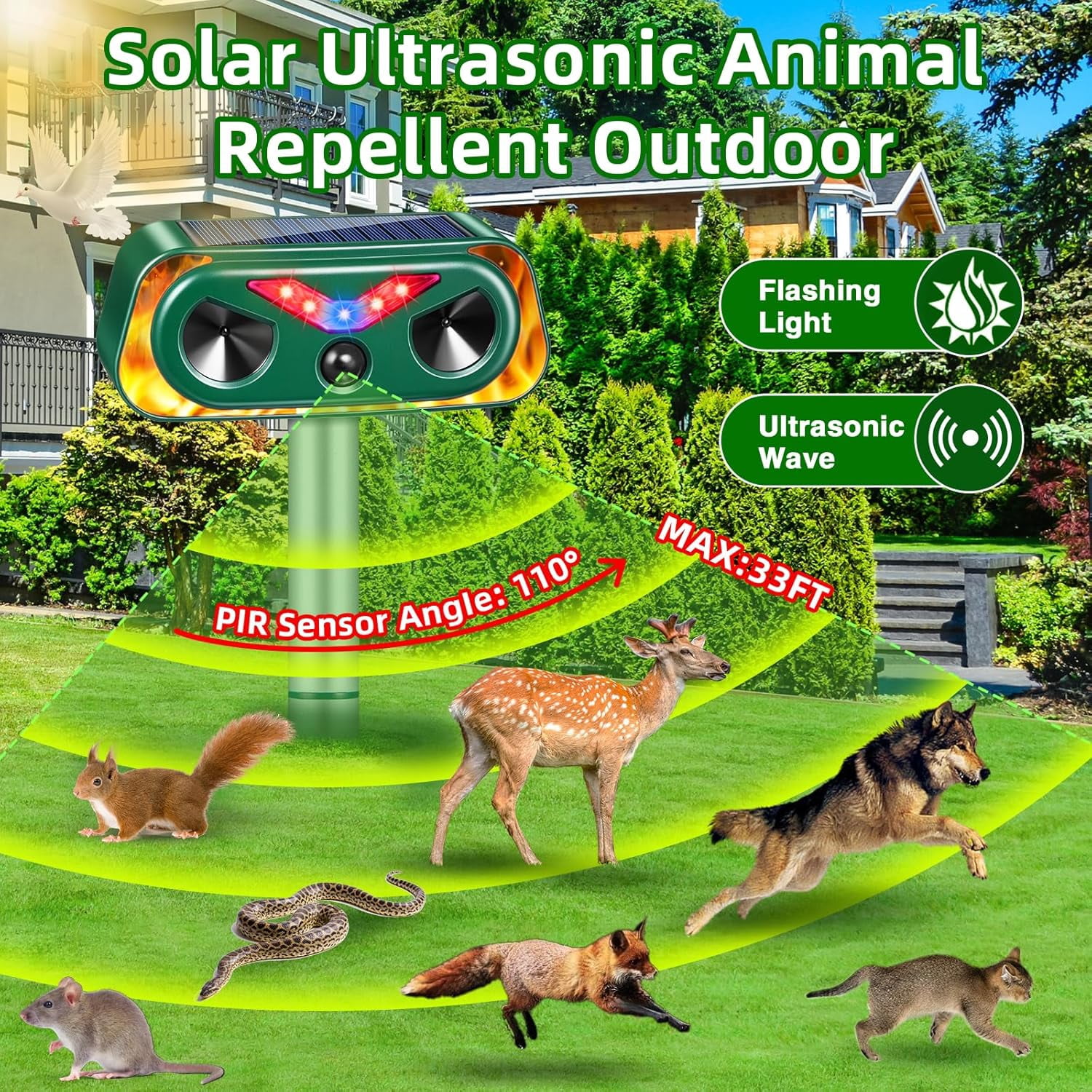 2026 Solar Ultrasonic Animal Repeller Outdoor with Flashing Lights&Upgraded Waterproof Motion Sensor Animal Deterrent Devices for Deer,Cat,Squirrel,Raccoon,Rabbit,Fox,Skunk Repellent for Yard Garden