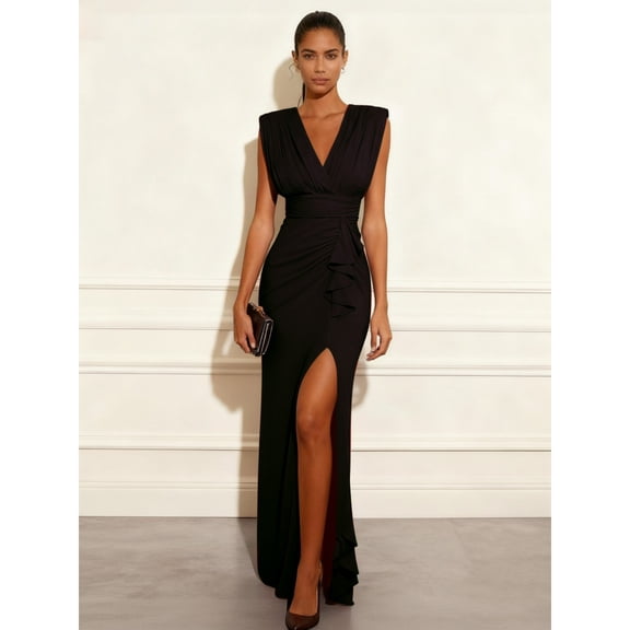 2026 Solid V-Neck Sleeveless Slit Maxi Dress, Polyester, S-2XL