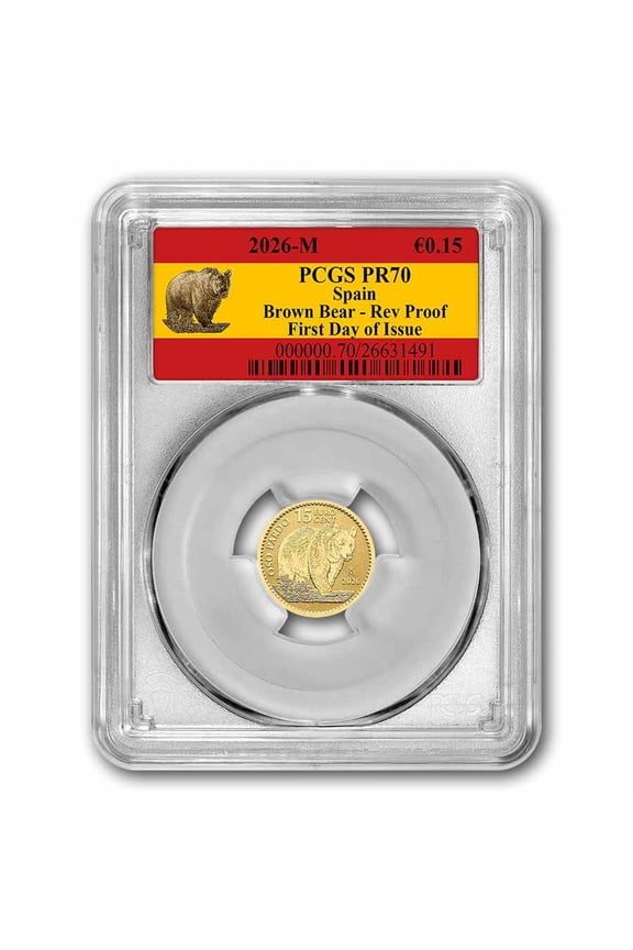 2026 Spain 1/10 oz Gold Rev PF Brown Bear Doubloon PCGS PR-70 FDI