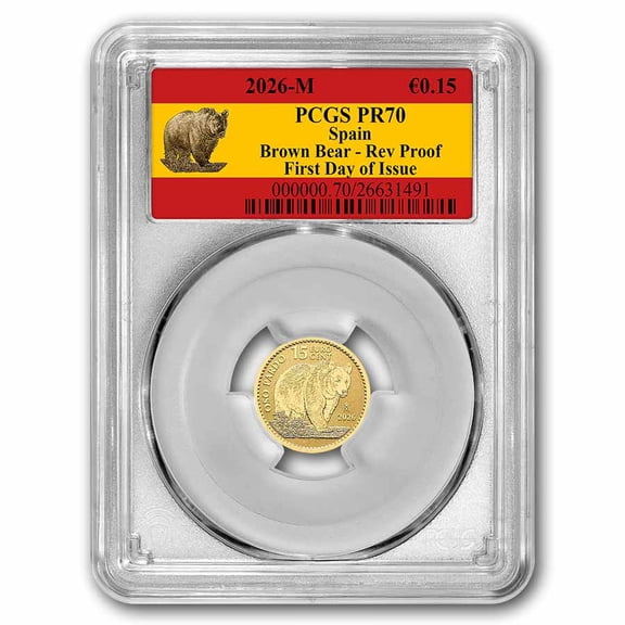 2026 Spain 1/10 oz Gold Rev PF Brown Bear Doubloon PCGS PR-70 FDI