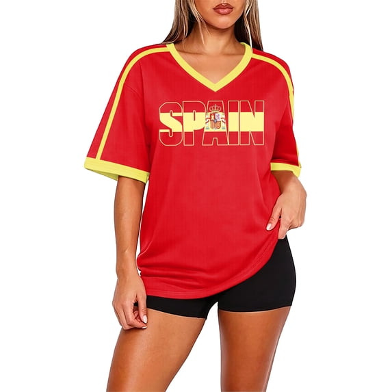 Y2K Aesthetic Soccer Jersey Tee for Women V-Neck Short Sleeve, Retro Football Fan Streetwear, Trendy Sporty Shirt for Game Day Party Casual Summer Outfit (Red, L)