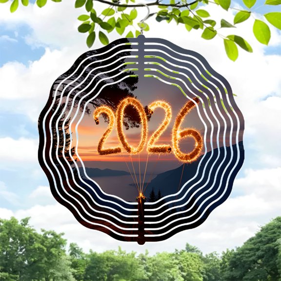 2026 Sparkly Metal Hanging Wind Spinner - Concentric Wave Patterns with Scenic Sunset Design for Yard & Garden Decor