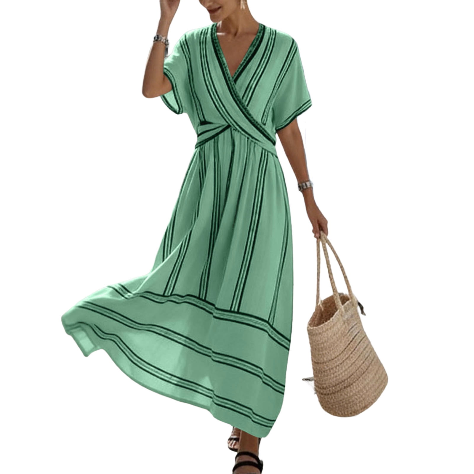 2026 Spring Dresses for Women Striped Short Sleeve V Neck Maxi Dress ...