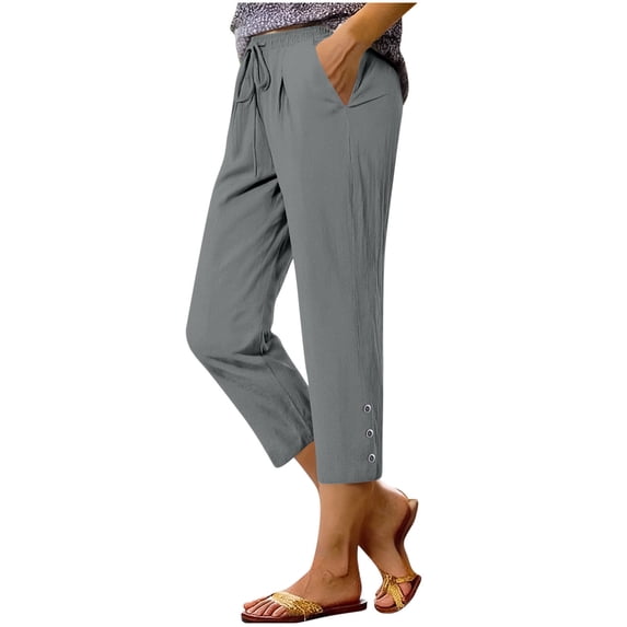 2026 Spring Fashion Women's Capri Linen Pants - Summer Casual Loose Drawstring Trousers with Button Accent & Pockets