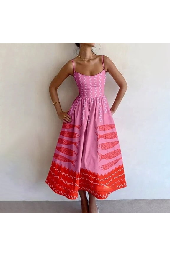 2026 Spring New Style European and American Women's Fashion Elegant Printed Pleated Waist-Cinching Long Dress