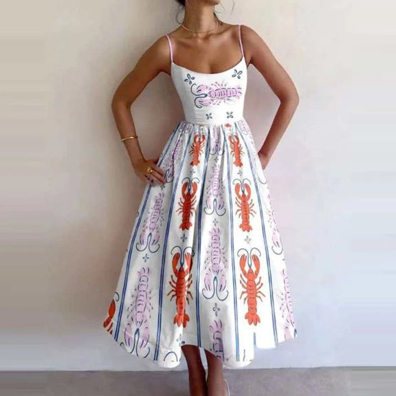 2026 Spring New Style European and American Women's Fashion Elegant Printed Pleated Waist-Cinching Long Dress