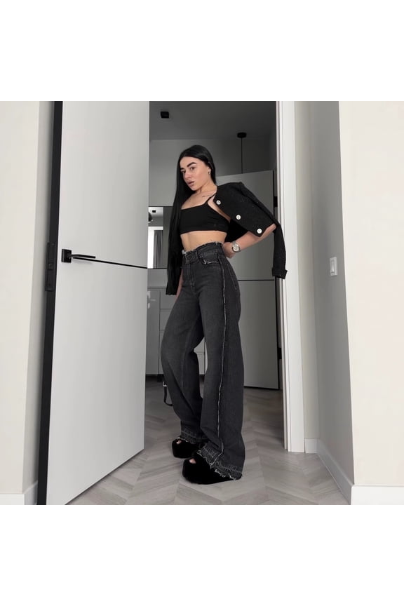 2026 Spring New Style Frayed Edge Design Trendy Women's Jeans American Retro Wide-Leg High-Waisted Slight Flare Pants