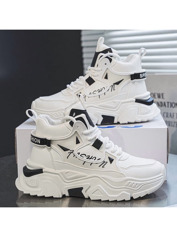 2025 Spring New Thick-Soled Height-Increasing Dad Shoes for Men, Breathable Mesh High-Top White Sneakers