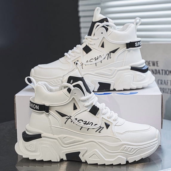2026 Spring New Thick-Soled Height-Increasing Dad Shoes for Men, Breathable Mesh High-Top White Sneakers