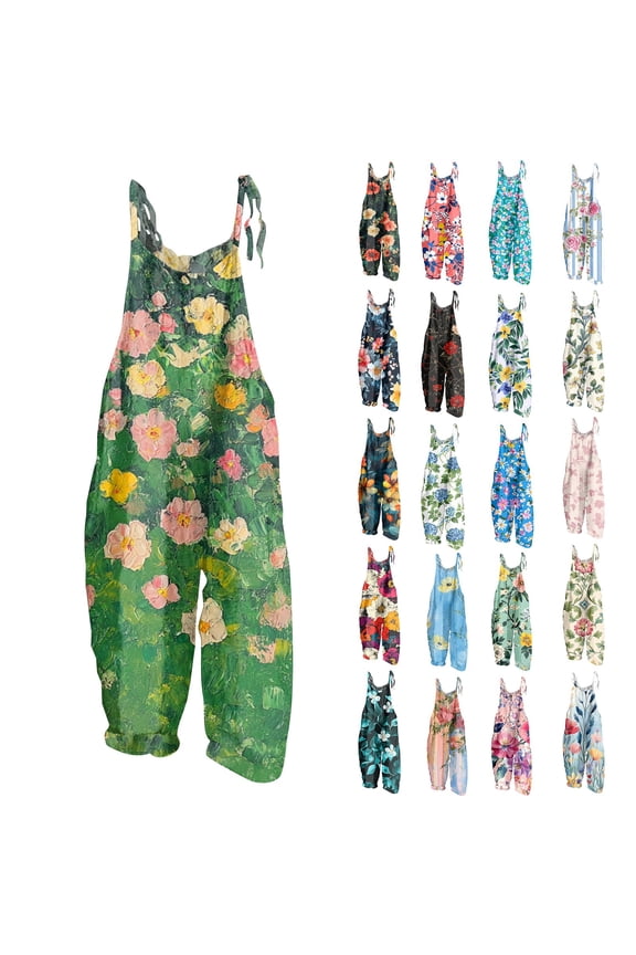 2026 Spring Summer Boho Overalls for Women Floral Print Spaghetti Strap Wide Leg Loose Rompers Sky Blue 2XL