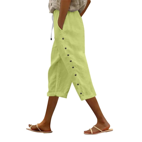 Spring Summer Linen Pedal Pushers For Women High Waist Straight Leg Side Button Design Breathable Casual Beach Capris Green S