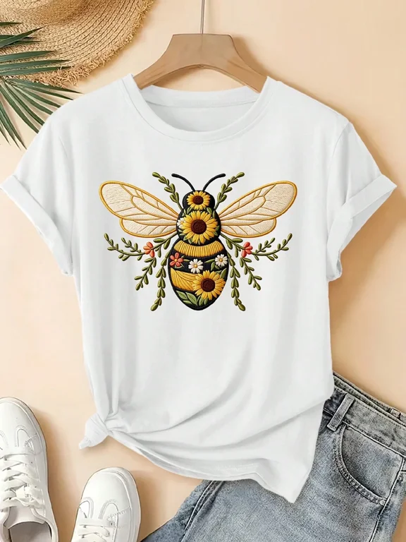 2026 Spring_Summer New Women'S Round Neck Imitation Style Bee Sunflower Print Short-Sleeved T-Shirt, Retro Distressed Style Casual Top, Soft Fabric High-Quality Women'S Clothing _