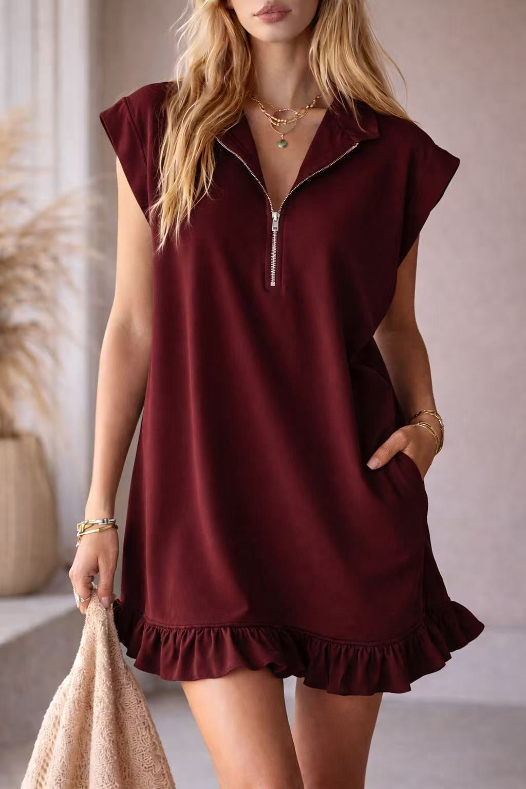 2026 Spring/Summer New Women's Pink Half-Zip Sleeveless Dress, Ruffled ...