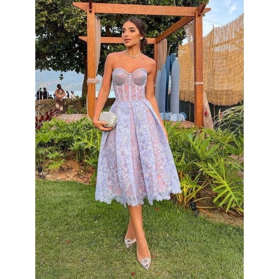 2026 Spring Summer Sweetheart Strapless Lace Midi Dress, Boned Corset ...