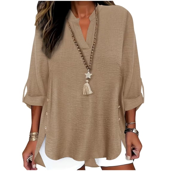 2026 Spring Tops for Women V Neck Long Sleeve Shirts with Button Side Slit Lightweight Loose Fit Pullover Top Going Out Tops Business Casual Outfits Summer Traval Vacation Clothing