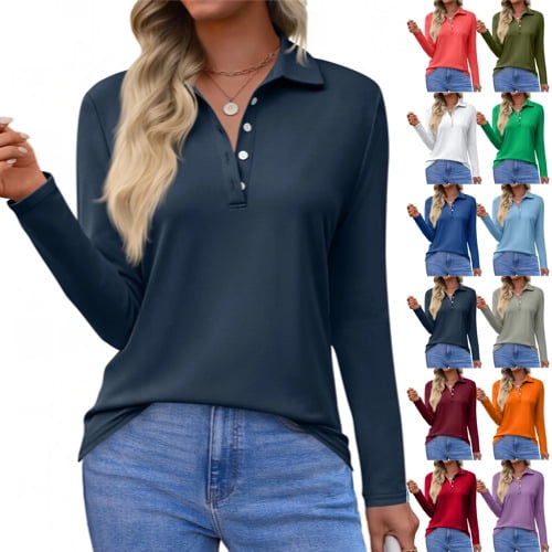 2026 Spring Women'S Long Sleeve Collared Button Down Polo Shirts Business Work Tunic Tops,Navy Xxl