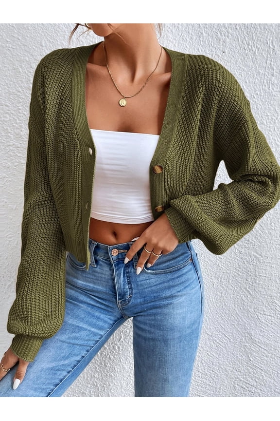 2026 Spring Womens Sweater Cardigan Long Puff Sleeve Loose Knit Clothes Casual Top Green M