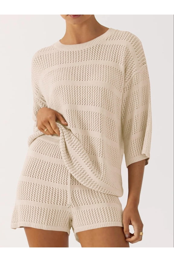 2026 Spring Womens Top Set Crew Neck Loose Sweater Casual Summer Clothes Apricot XL