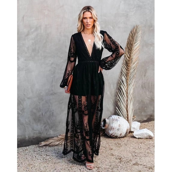 2026 Spring and Summer Lace Long Sleeve V-Neck Solid Color Chiffon Dress