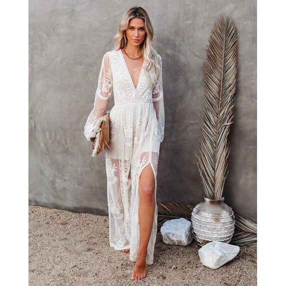 2026 Spring and Summer Lace Long Sleeve V-Neck Solid Color Chiffon Dress