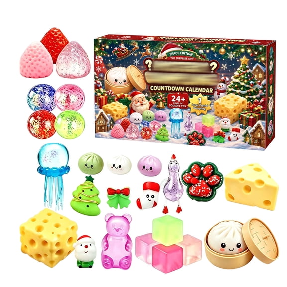 2026 Squishy Advent Calendar, 25 Day Christmas Countdown with Dumpling, Cheese, Glitter Ball & Surprise Squishies, Food-Inspired Collectible Collection, Holiday Gift Box, Mystery Countdown Calendar