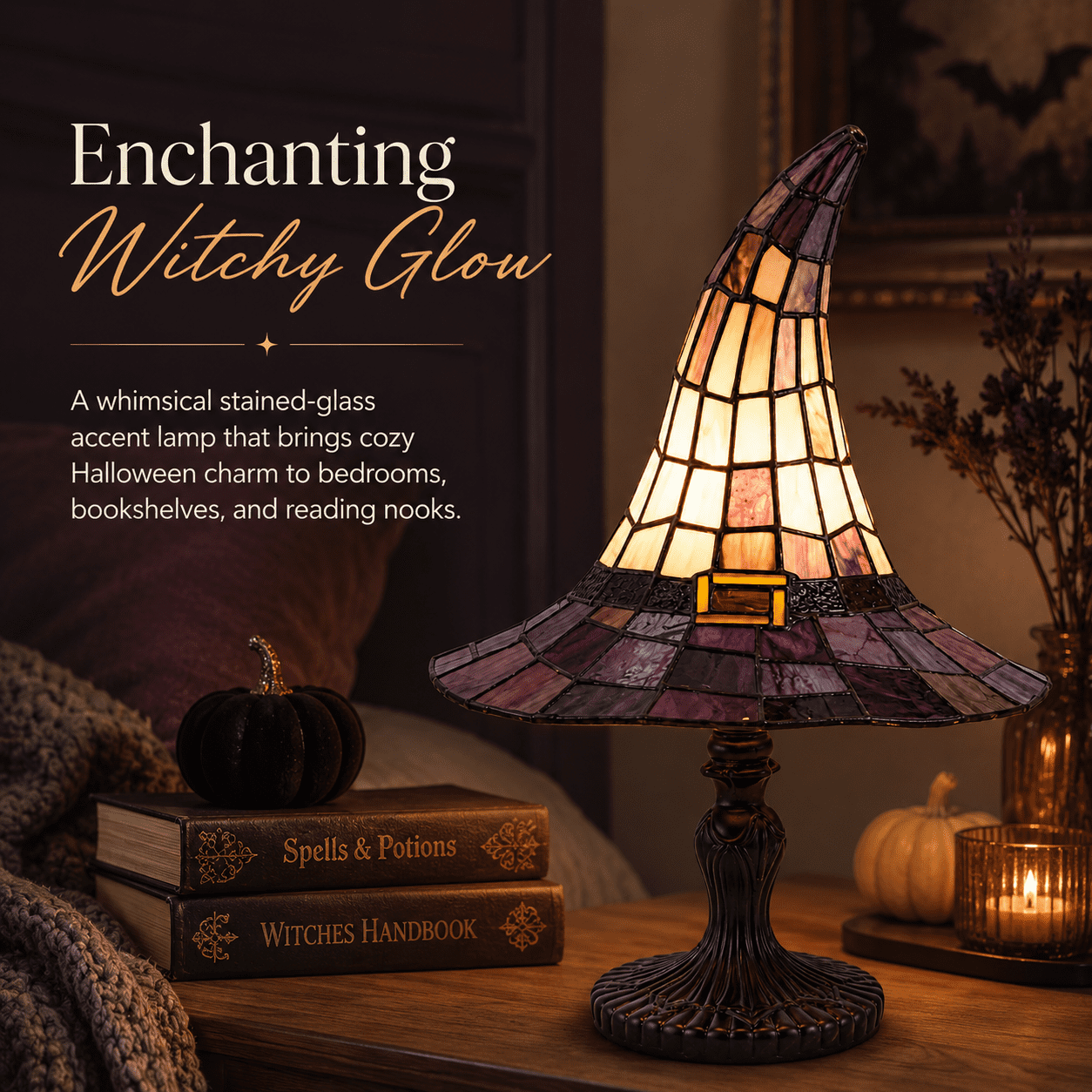 2026 Stained Glass Witch Hat Table Lamp, Colorful Gothic Halloween Décor with Purple & Orange Panels for Seasonal Accent Lighting & Display