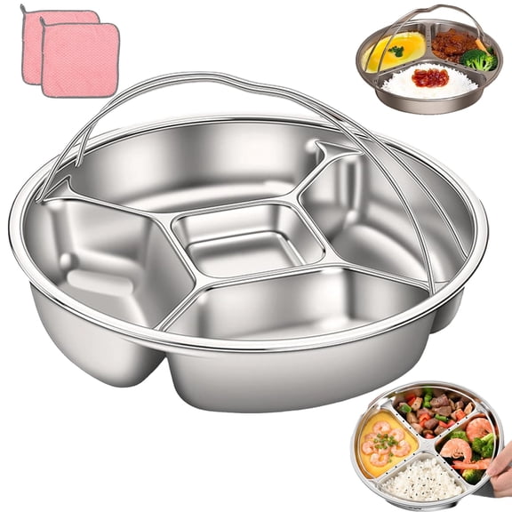 2026 Stainless Steel Divided Plate With Double Handles, 316 Stainless Steel Divided Steamer Tray, Round Divided Dinner Plate, Ergonomic Handle Divided Steamer Plate for Cooking Meal