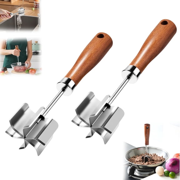 2026 Stainless Steel Meat Chopper & Masher - Heavy Duty 6 Curve Blades Ground Beef Chopper Tool with Wooden Handle, Heat Resistant Meat Masher, for Meat Vegetable Potato Chicken, 2pcs