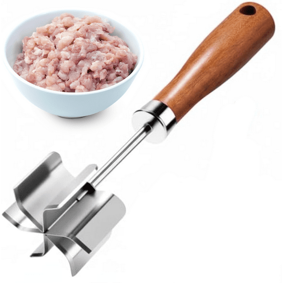 2026 Stainless Steel Meat Chopper, Natural Wooden Handle, Upgraded Six-Blade Head Wooden Metal Meat Ground Beef Masher , Ground Beef Chopper Tool(B)