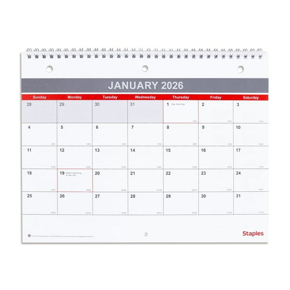 2026 Staples 11" x 8" Monthly Wall Calendar White/Red/Gray (ST53915-26)