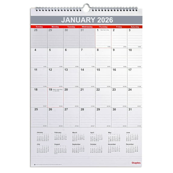 2026 Staples 12" x 17" Monthly Wall Calendar White/Red/Gray (ST53913-26)