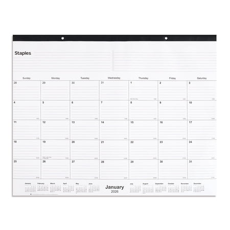 2026 Staples 21.75" x 17" Monthly Desk Pad Calendar White/Black (ST12951-26)
