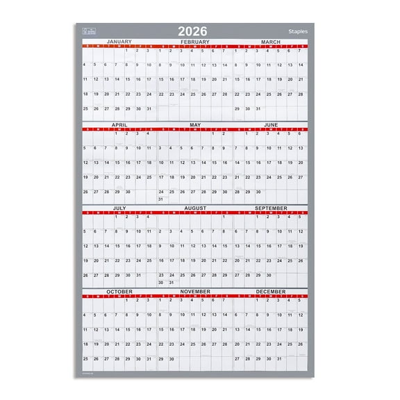 2026 Staples 36" x 24" Yearly Wall Calendar White/Red/Gray (ST53903-26)