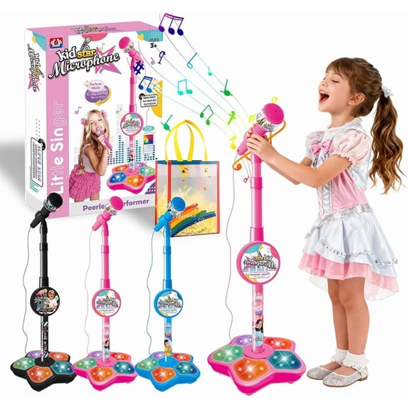 2026 Star Karaoke Microphone with Stand – Built-in Music, LED Lights & Echo, Easy-to-Use Portable Device for Singing & Music Entertainment Pink