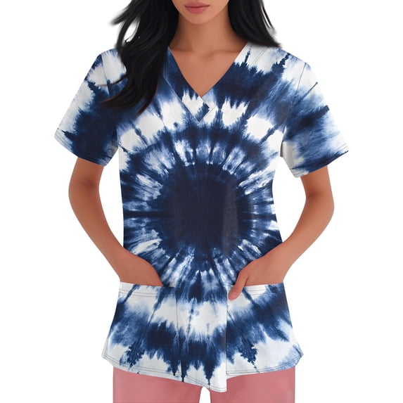 Stretch Printed Scrub Tops for Women Color Swirl Tie Dye V-Neck Short Sleeve Healthcare Work Shirt Blue 5XL
