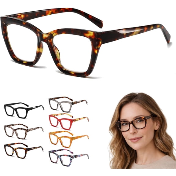 2026 Stylish Women's Tortoiseshell Blue Light Blocking Reading Glasses, Oversized Square Fashion Readers with 0-400 Degrees Magnification
