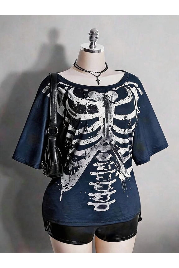 2026 Summer Collection,Retro Gothic Plus Tee: Distressed Skull & Rose, Y2K Punk Style, Sizes S-7XL, Ships 24H
