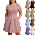 thumbnail image 1 of 2026 Summer Dress for Women 100% Cotton Notch V Neck Short Sleeve Pleated A Line Knee-Length Dress with Pockets, 1 of 7