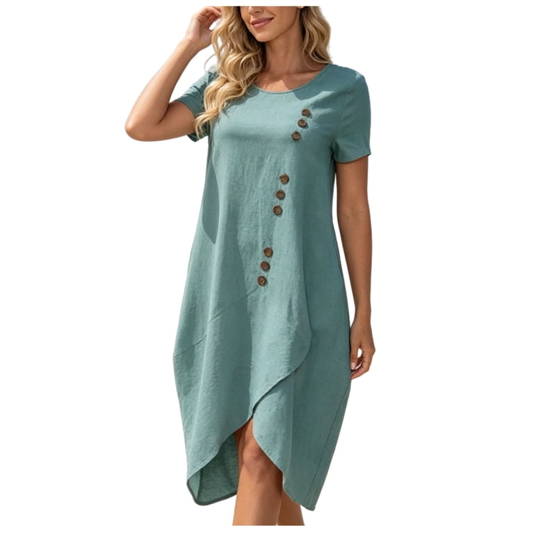 asymmetrical tunic dress Gmluru 2026 Summer for Women Hem Short Sleeve Loose Fit with Diagonal Button Detail & Side Pockets, Women's, Size: XL, Blue length front and back brisbane bridal Women Indian Navy Blue color:Peacock