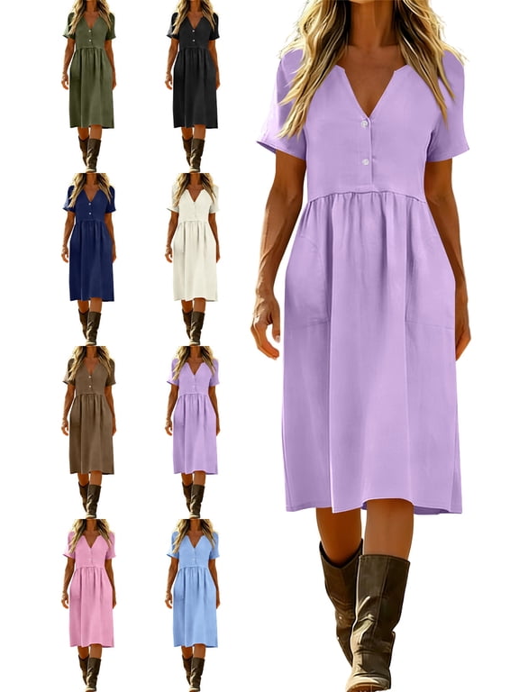 2026 Summer Dress for Women Cotton Linen Button Front Loose Pocket Short Sleeved Midi Dress