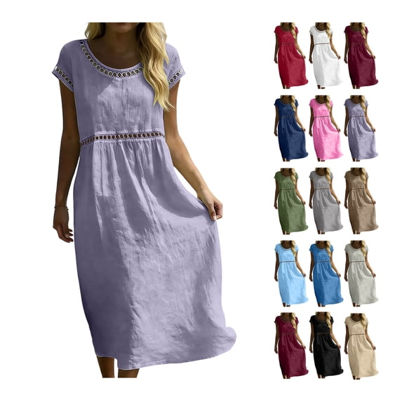2026 Summer Dress for Women Cotton Linen Eyelet Detail Short Sleeve Midi Dress