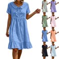 thumbnail image 1 of 2026 Summer Dress for Women Cotton Linen Peter Pan Collar Tie Neck Short Sleeves Ruffled Hem Knee-Length Dress, 1 of 7