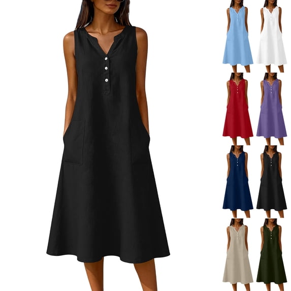 2026 Summer Dress for Women Cotton Linen Sleeveless V-Neck Button Front Large Pockets Midi Dress